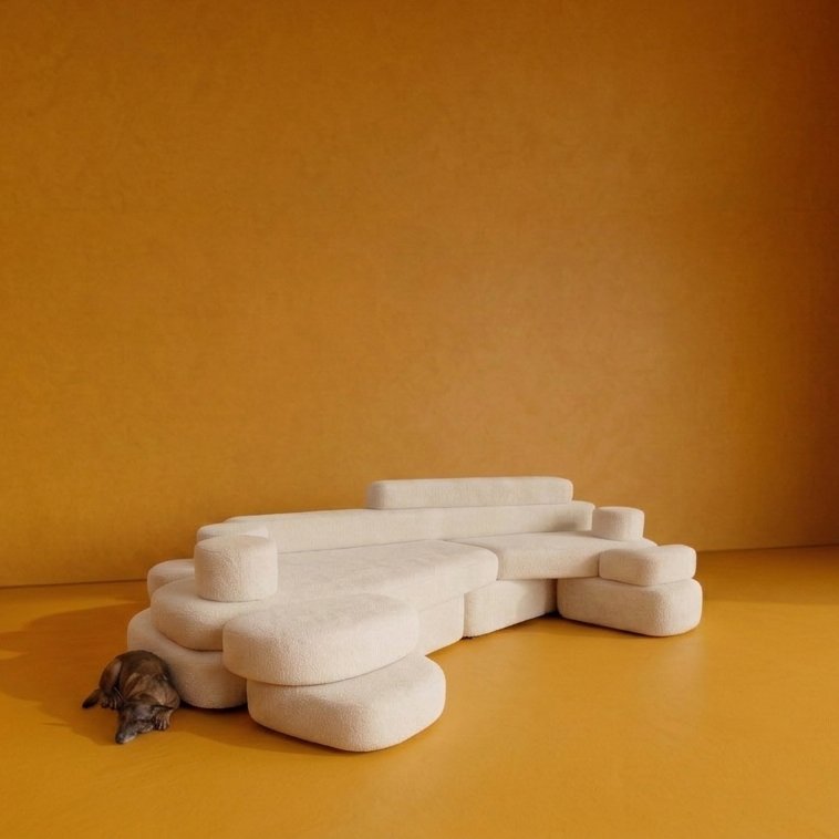 Modular bouclé sofa, three-quarter view