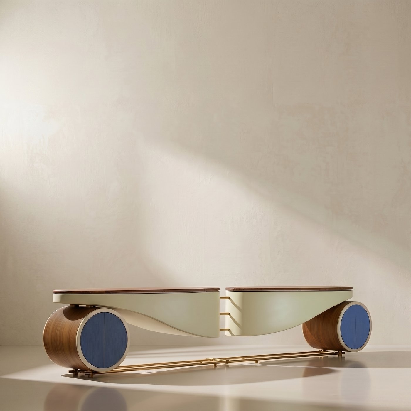 Sculptural media console, front view