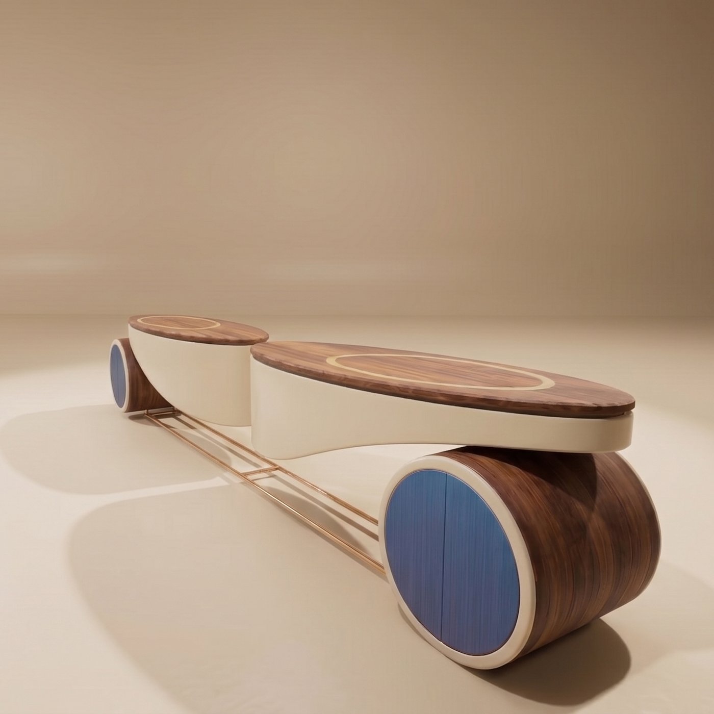 Sculptural media console, three-quarter view